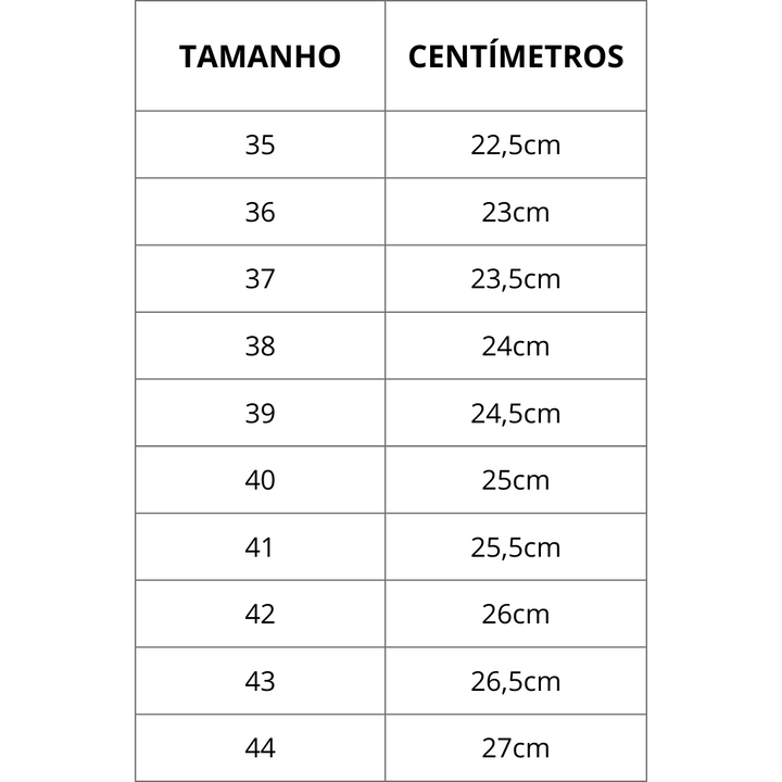 tabela de medidas sapato fabi